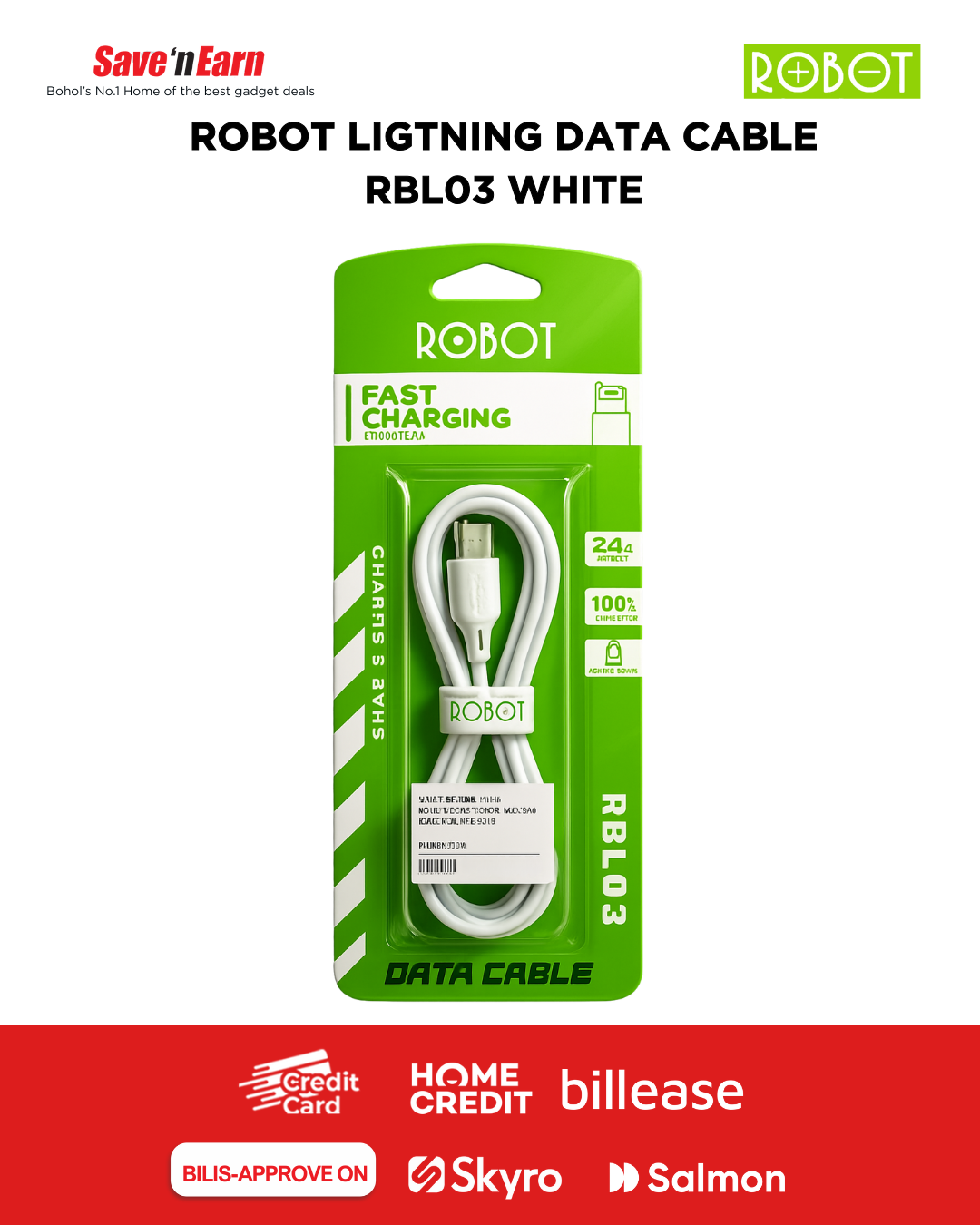 ROBOT LIGHTNING DATA CABLE RBL03 WHITE
