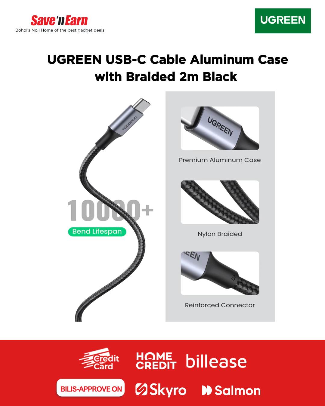 UGREEN USB-C Cable Aluminum Case with Braided 2m Black